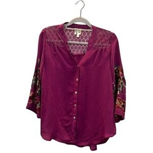 Fig and Flower Magenta Purple Embroidered Lace Yoke Blouse Small NWT Boho Hippie